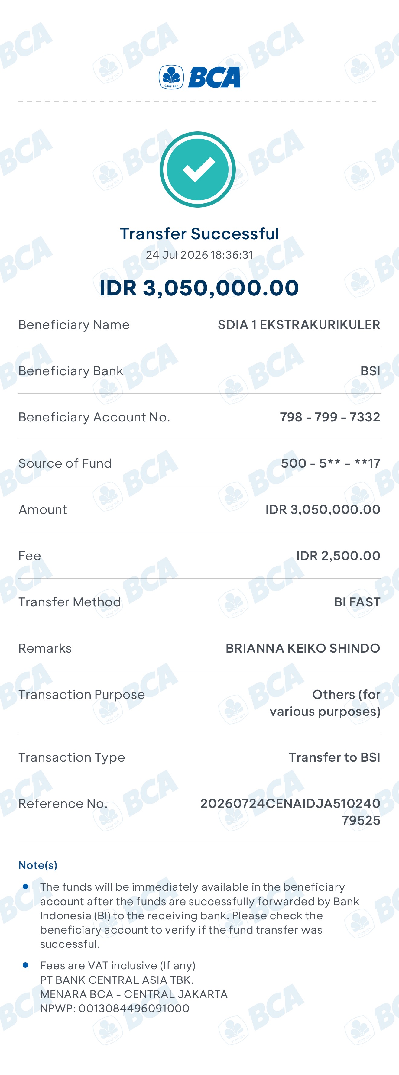 Bukti TF Brianna Keiko Shindo